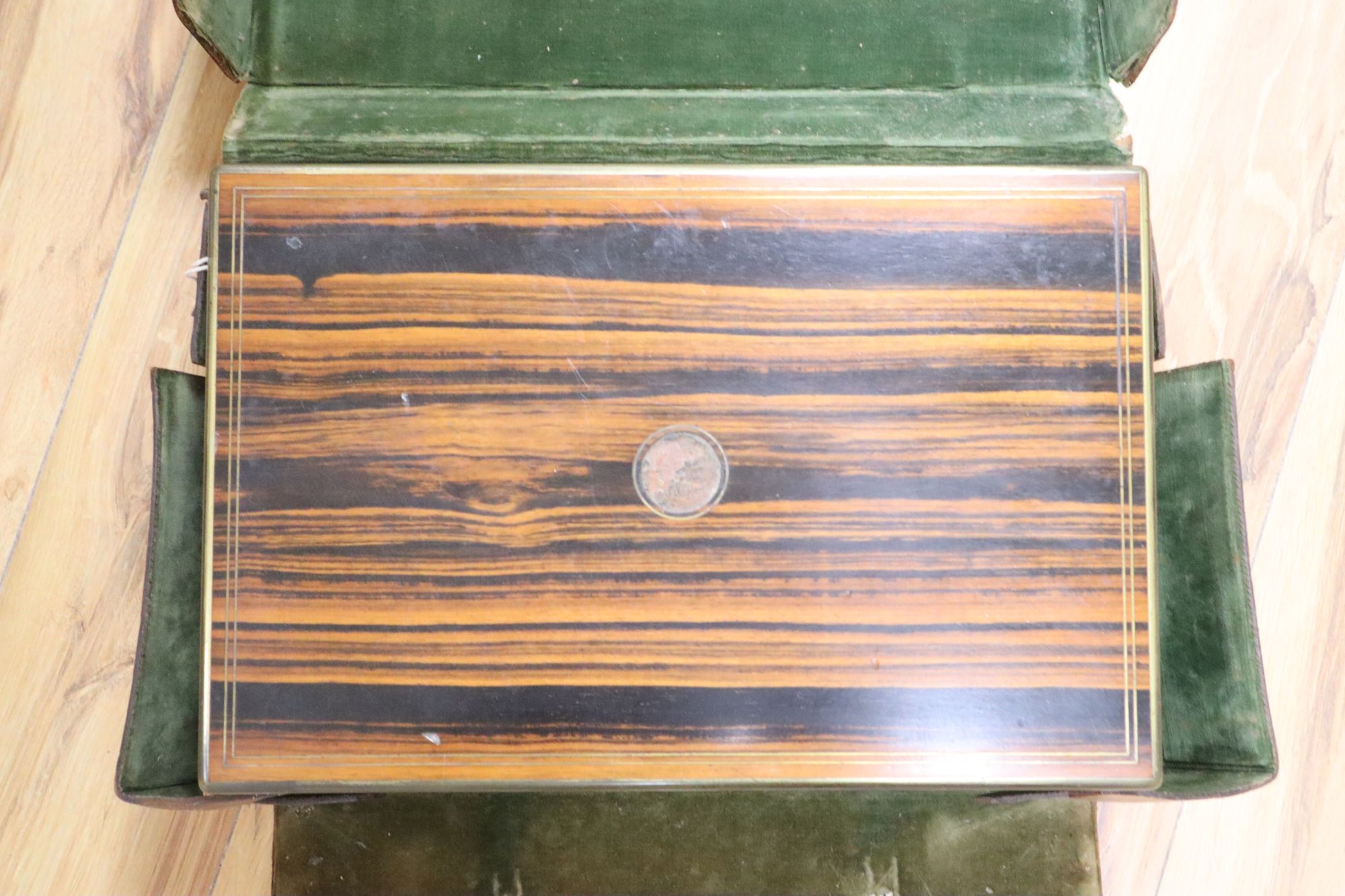 A Victorian calamander and brass-mounted inlaid jewellery box, width 42cm height 18cm